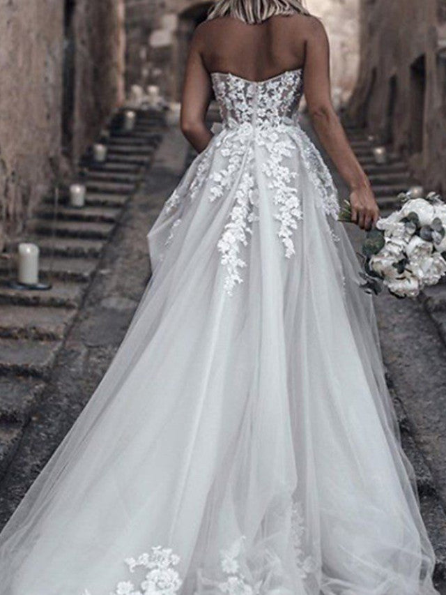 A-Line Sweep-Brush Train Lace Tulle Wedding Dress CW3026 main image 1