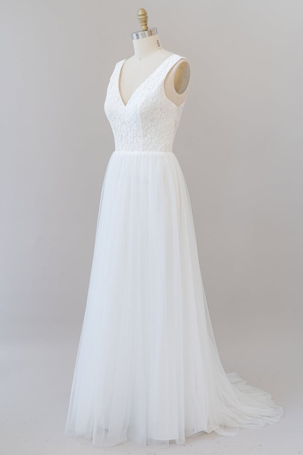 Long A-line Straps V-neck Chiffon Open Back Wedding Dress
