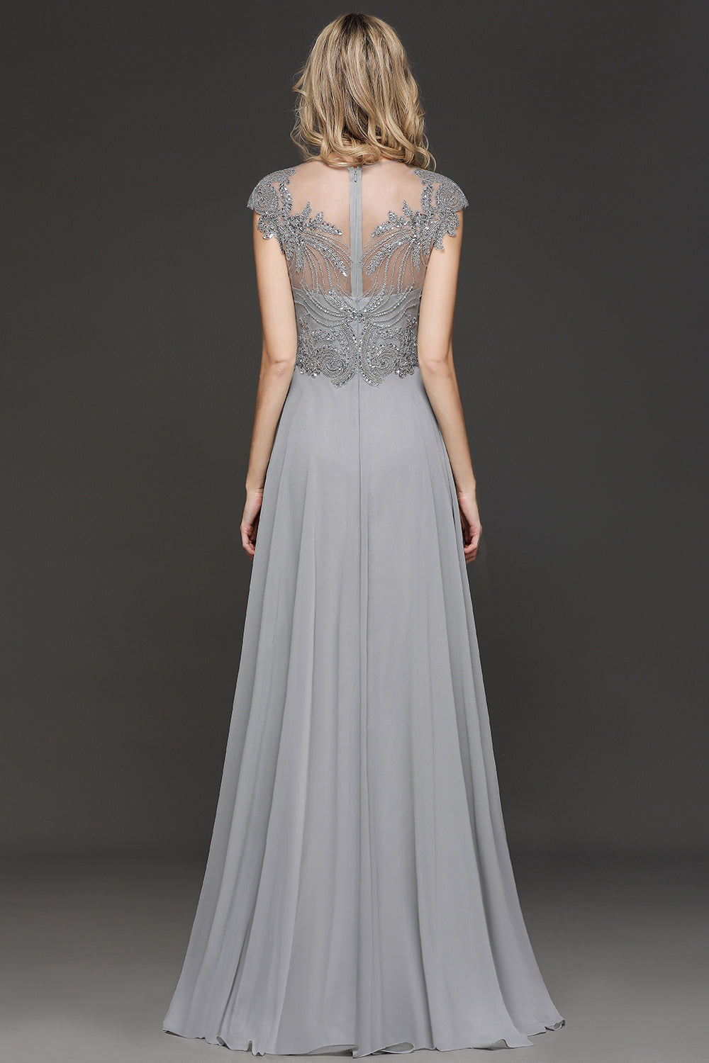 Long A-line Crystal Appliques Sweetheart Chiffom Bridesmaid Dress with Cap sleeves