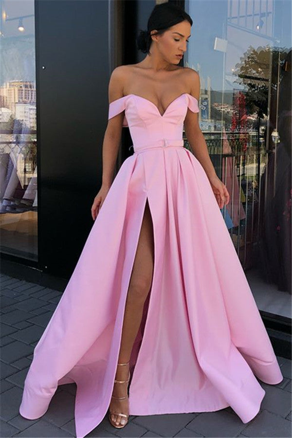 off the shoulder pink prom dress Long A-line Sweetheart Off-the-shoulder Pink Prom Dress With Slit