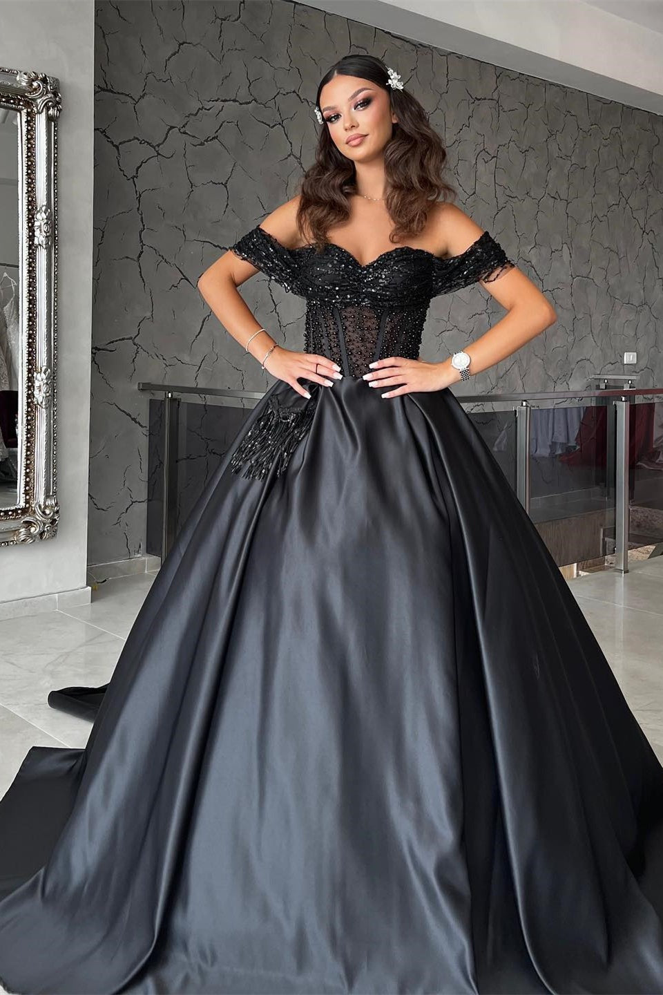 Long A-line Sweetheart Off the Shoulder Satin Black Formal Prom Dresses with Lace Long A-line Sweetheart Off the Shoulder Satin Black Formal Prom Dresses with Lace
