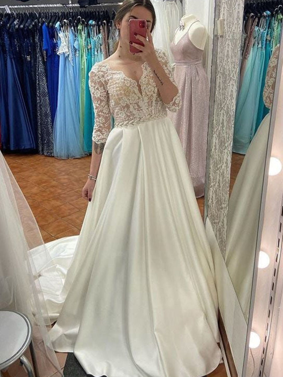 Beautiful Long Ivory A-line Satin Princess Wedding Dress With Pearls main image 1