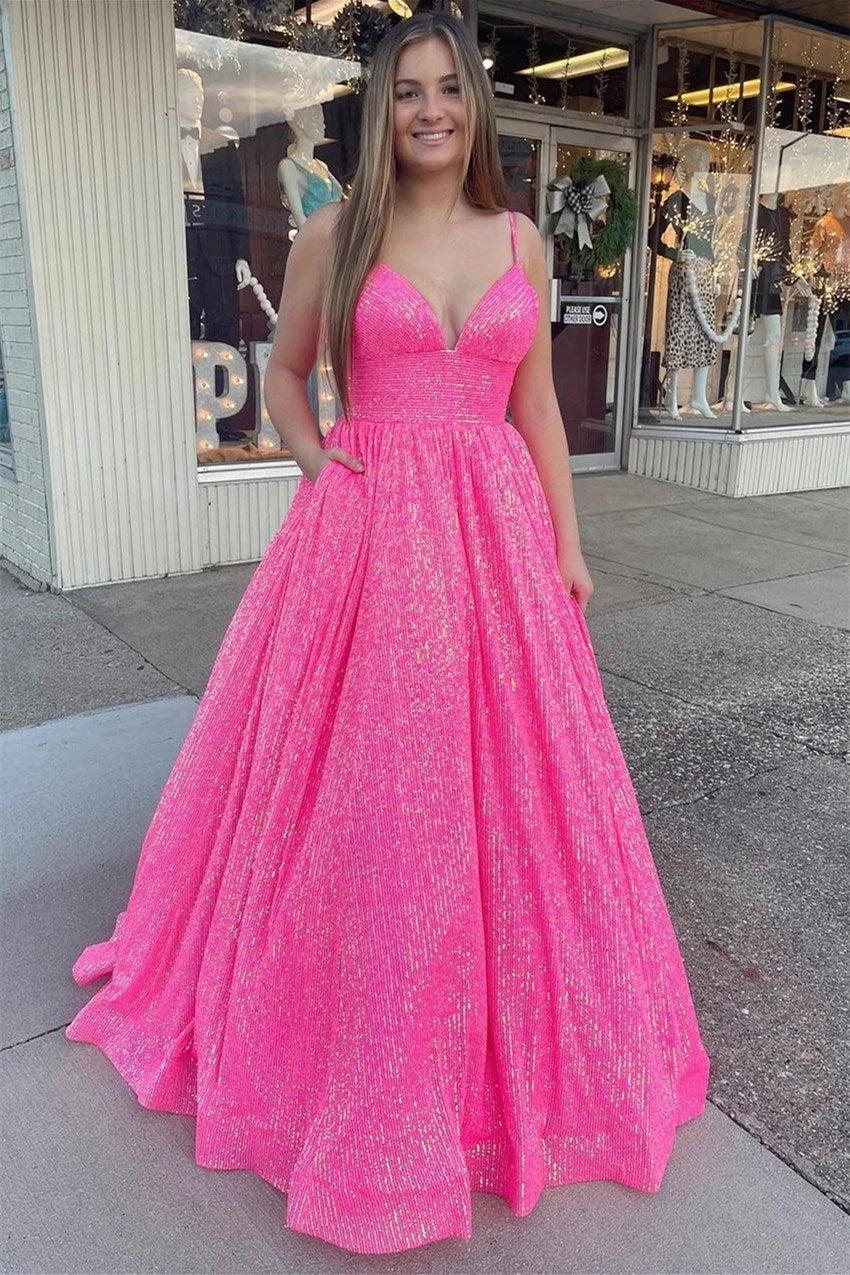 Long A-line Sweetheart Spaghetti Strap Sleeveless Prom Dress with Pockets