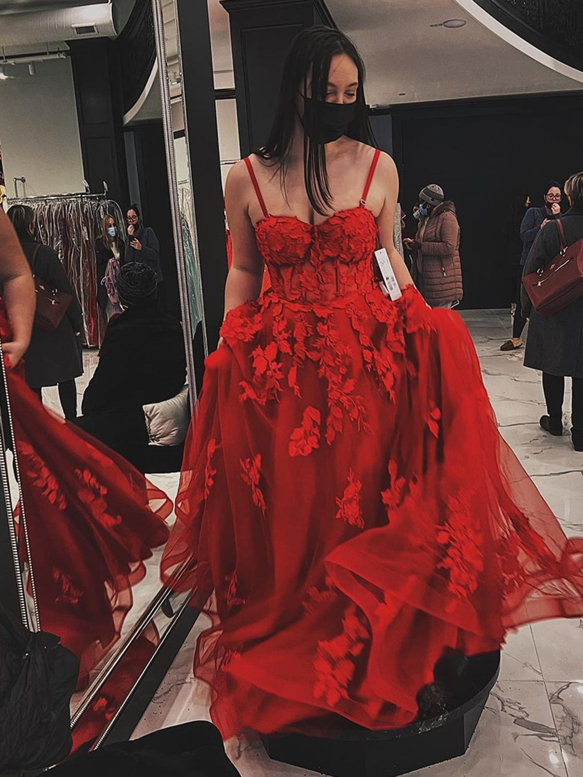 fitted lace wedding dress Burgundy Tulle Lace Long Prom Dress, A-Line Strapless Evening Party Dress US 2 / Burgundy main image 1