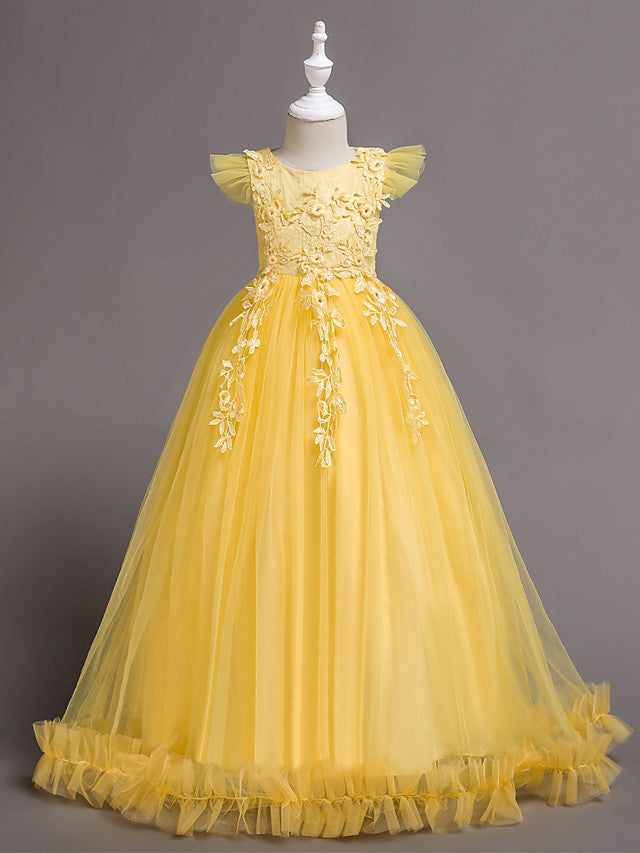 Long A-Line Tulle Jewel Neck Wedding Party Pageant Flower Girl Dresses BIZTUNNEL Long A-Line Tulle Jewel Neck Wedding Party Pageant Flower Girl Dresses BIZTUNNEL
