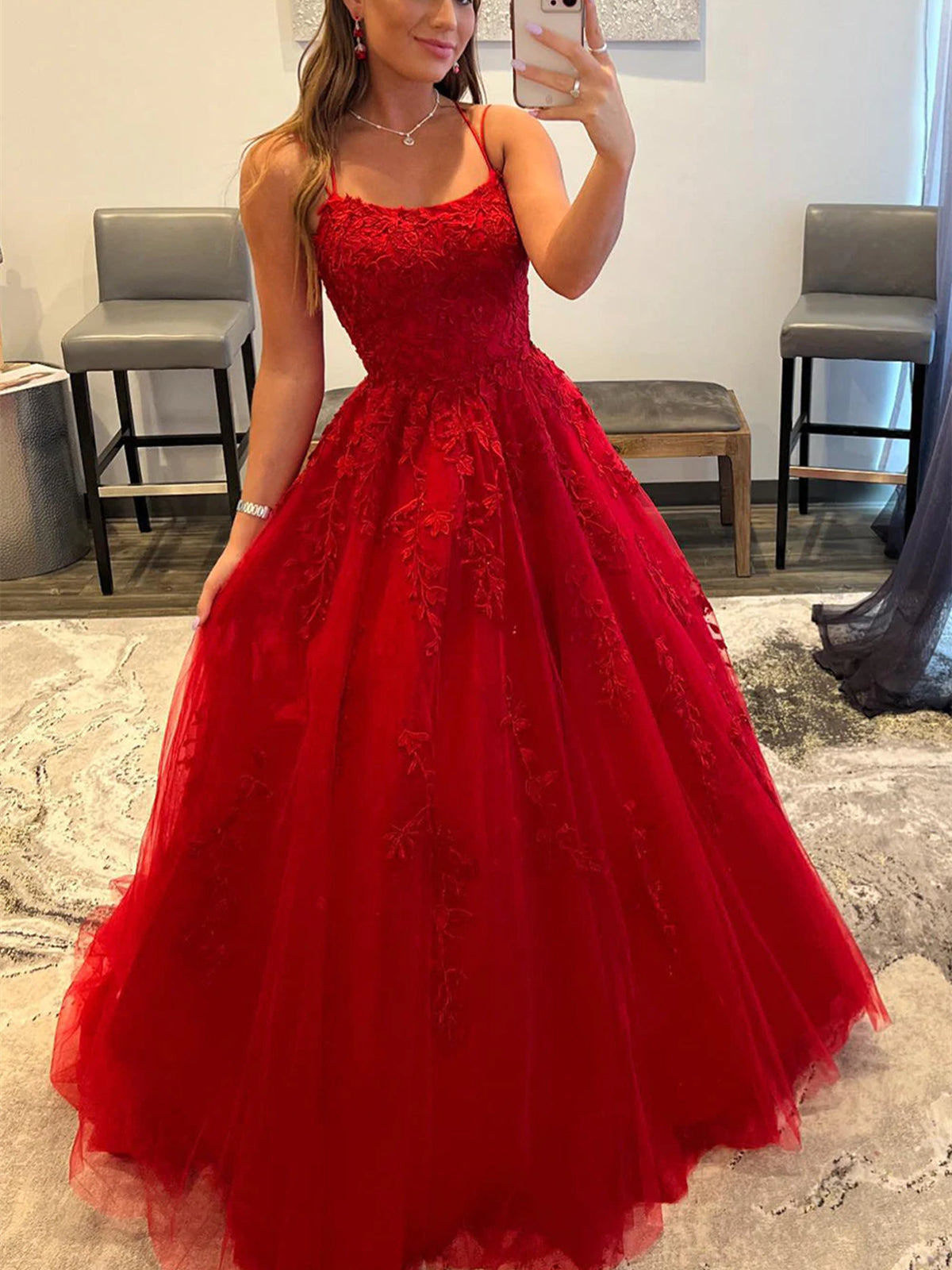 Long A-Line Tulle Lace Backless Prom Dresses Red Formal Evening Dresses Long A-Line Tulle Lace Backless Prom Dresses Red Formal Evening Dresses