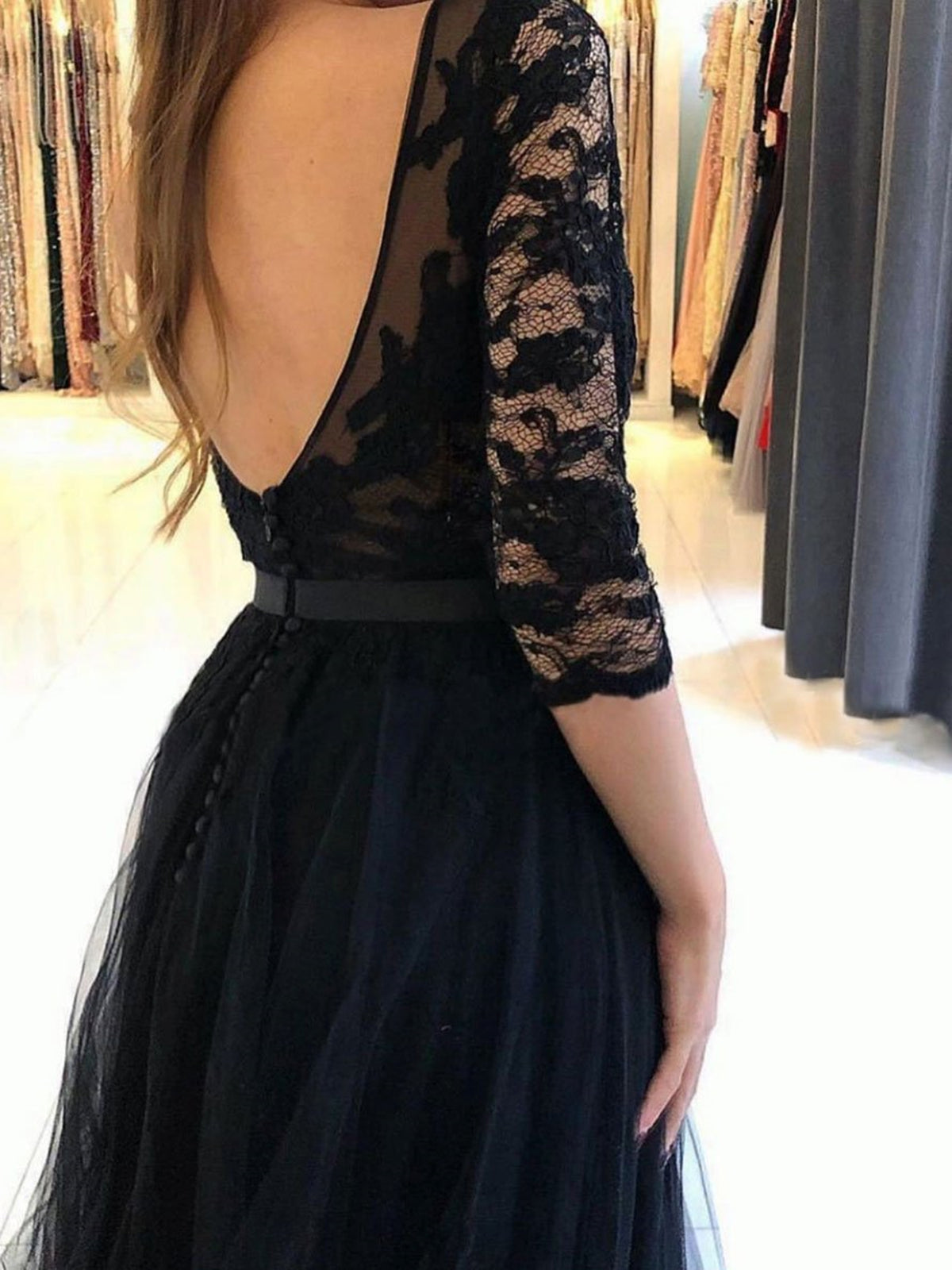 Long A-Line Tulle Lace Open Back Front Slit Formal Prom Dresses with Half Sleeves Long A-Line Tulle Lace Open Back Front Slit Formal Prom Dresses with Half Sleeves