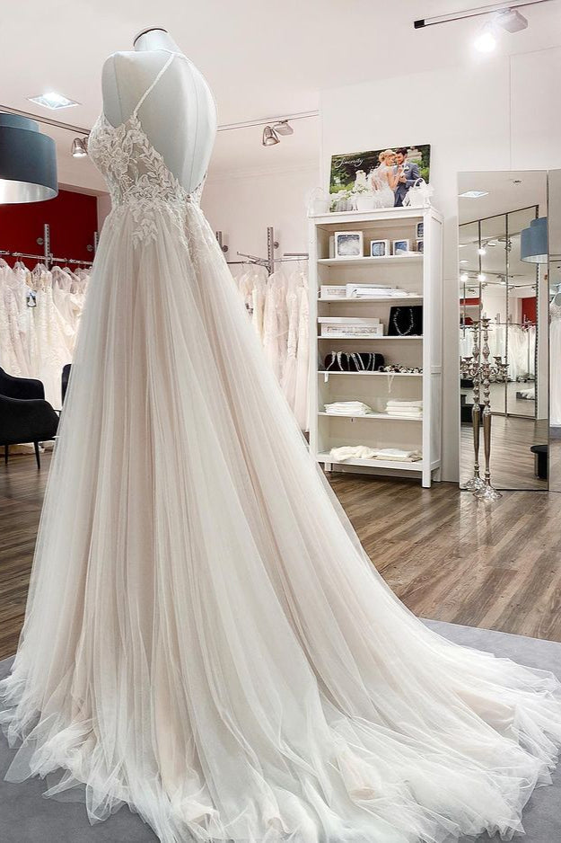 Cap Sleeve V-neck Long A-line Lace Tulle Wedding Dresses, Open Back Wedding Dresses, WD0260 main image 0