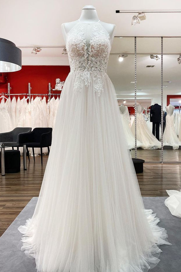 Long A-line Tulle Open Back Halter Sleeveless Lace Wedding Dresses BIZTUNNEL Long A-line Tulle Open Back Halter Sleeveless Lace Wedding Dresses BIZTUNNEL