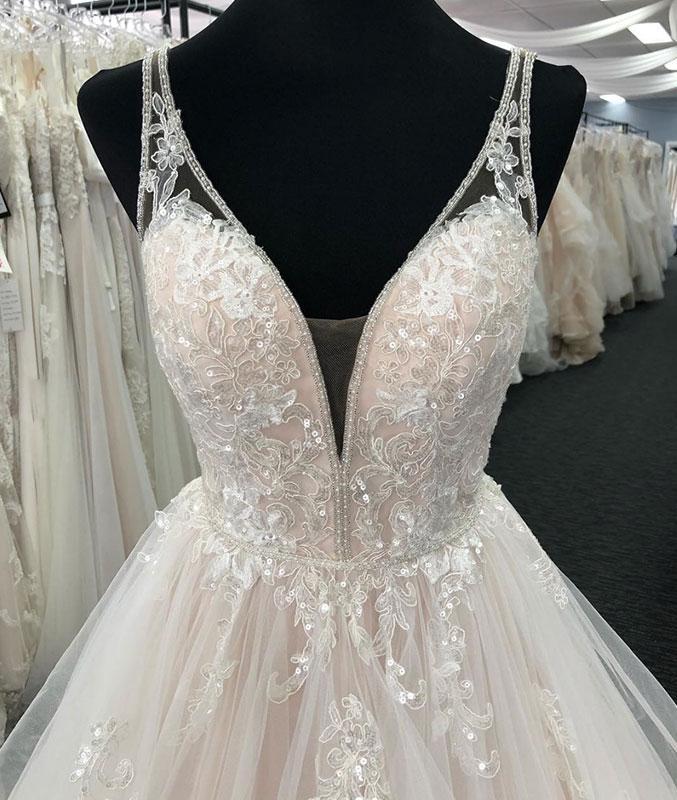 black a line halter dress Sophia Tolli strapless misty tulle A-line with soft allover lace weddi –  Bela Bridal main image 0