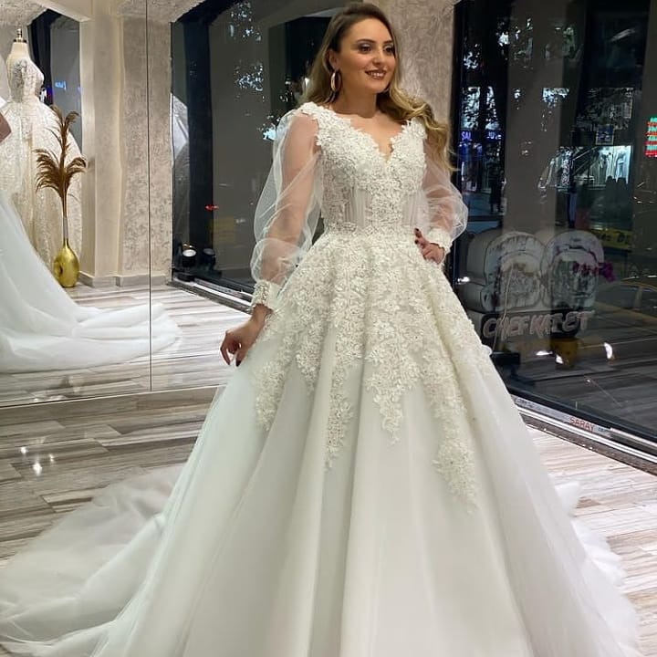 Long A-Line V-neck Appliques Lace Tulle Wedding Dress With Puffy Long Sleeves Long A-Line V-neck Appliques Lace Tulle Wedding Dress With Puffy Long Sleeves