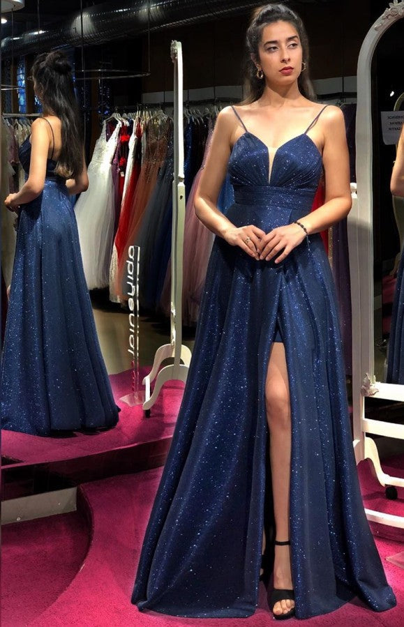 Shinning V-Neck Sleeveless Plus Size Prom Dress Long Evening Gowns With Split
