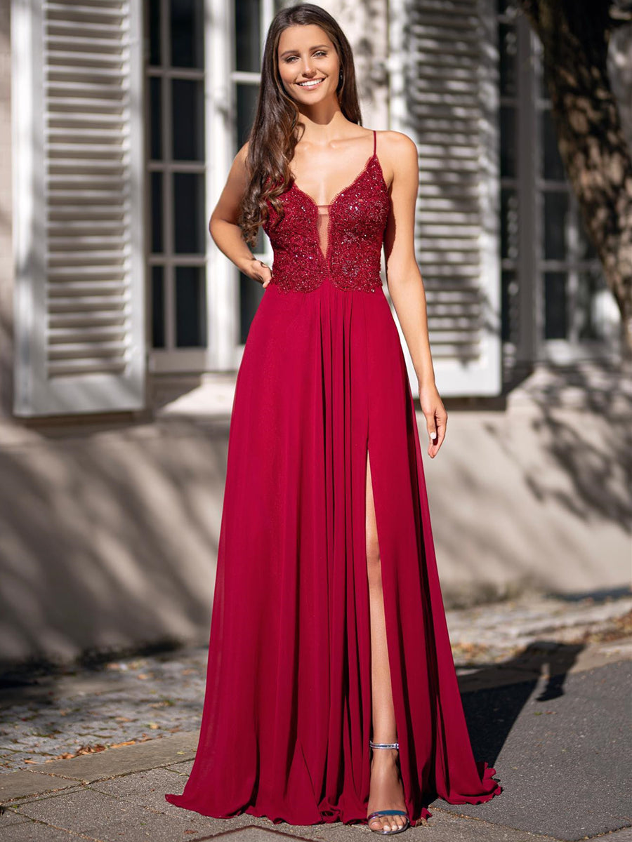 Long A-Line V Neck Chiffon Backless Lace Prom Graduation Dresses with Slit Long A-Line V Neck Chiffon Backless Lace Prom Graduation Dresses with Slit