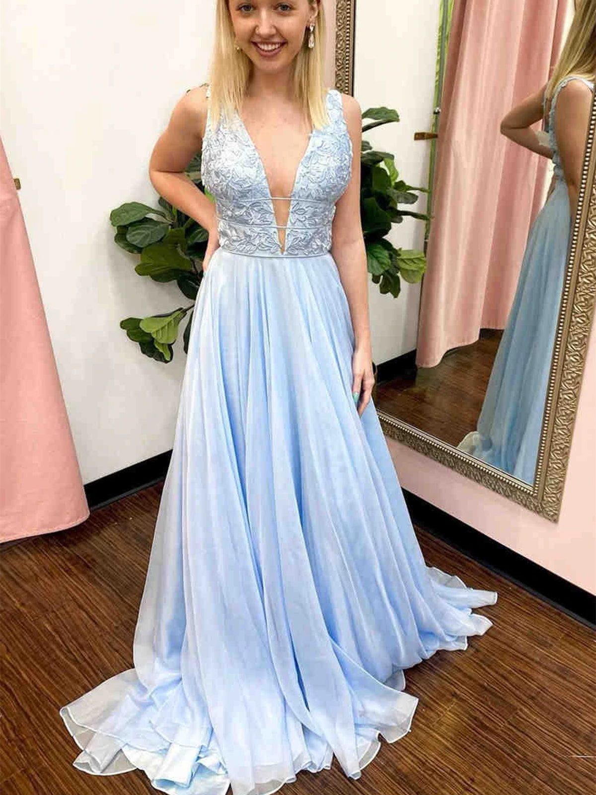Long A Line V Neck Chiffon Lace Prom Dress Sky Blue Formal Graduation