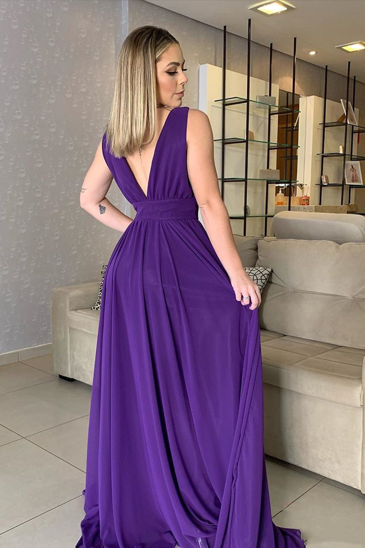 Long A-line V-neck Chiffon Prom Dress Purple Backless Formal Evening D –  BIZTUNNEL