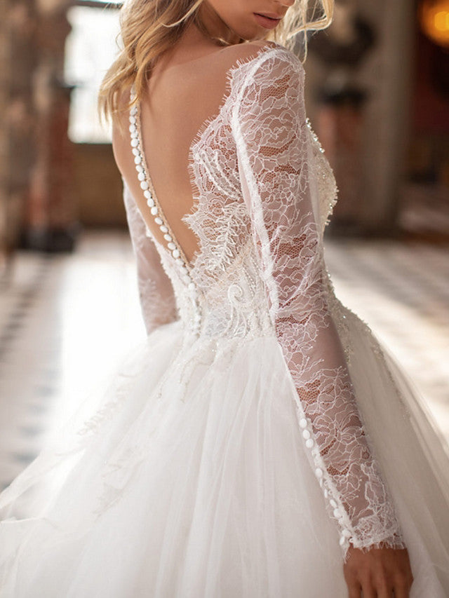 A Line Lace Appliqued Bridal Gown Deep V Neck Court Train Wedding Dress WD465 main image 1