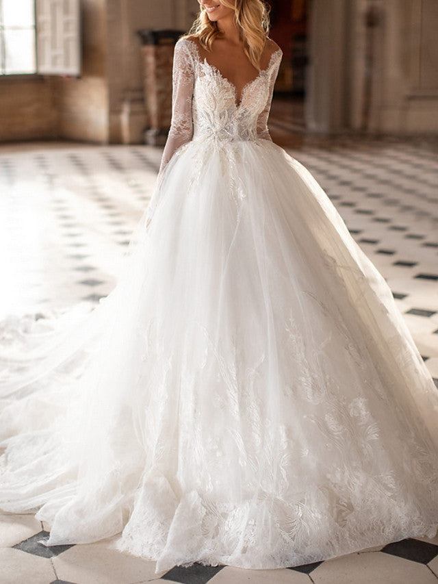 Lace Wedding Dress Chic A-line V-Neck Court Train