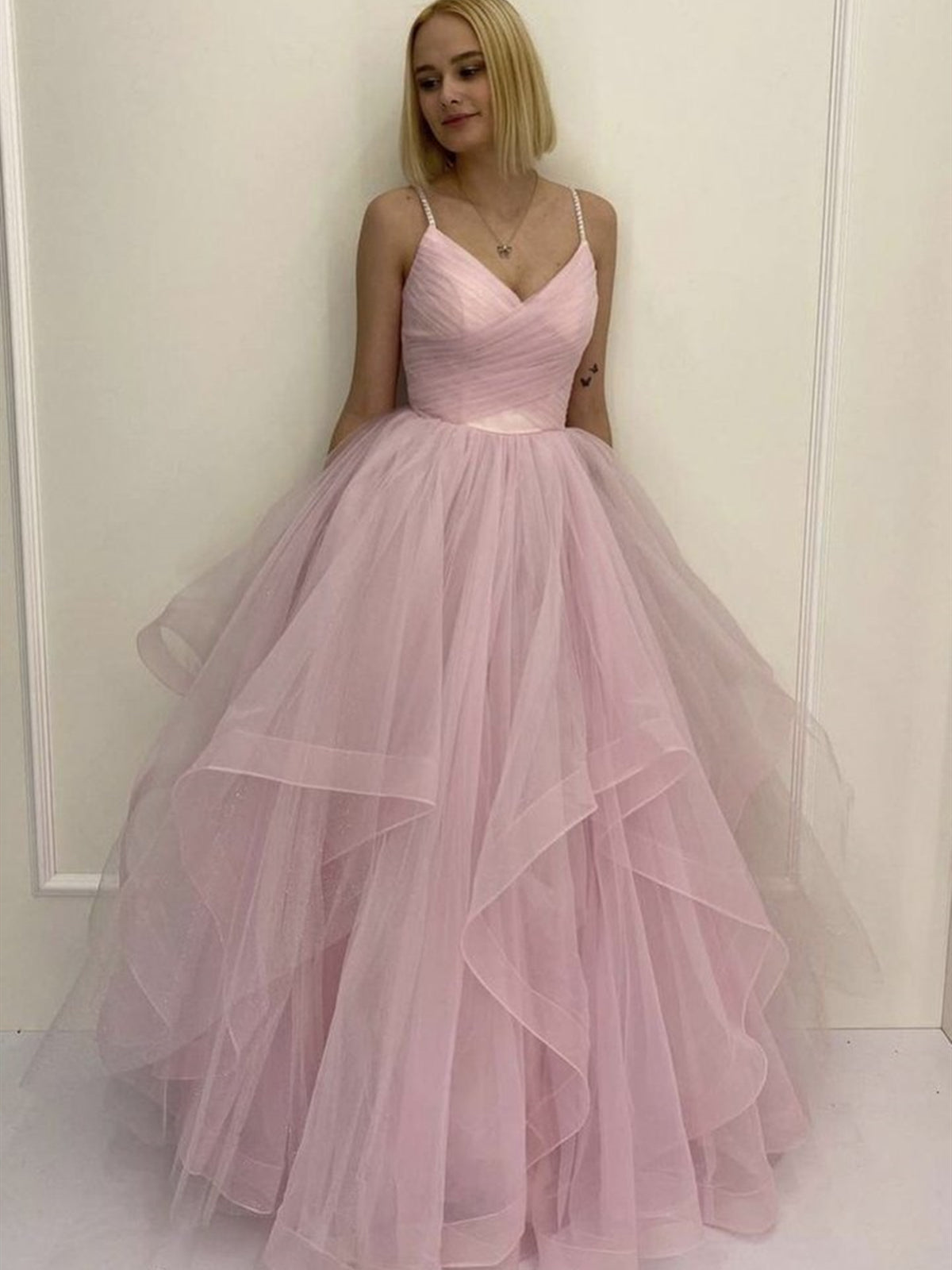 Long A-line V Neck Fluffy Tulle Prom Dresses Pink Formal Evening Gowns Long A-line V Neck Fluffy Tulle Prom Dresses Pink Formal Evening Gowns