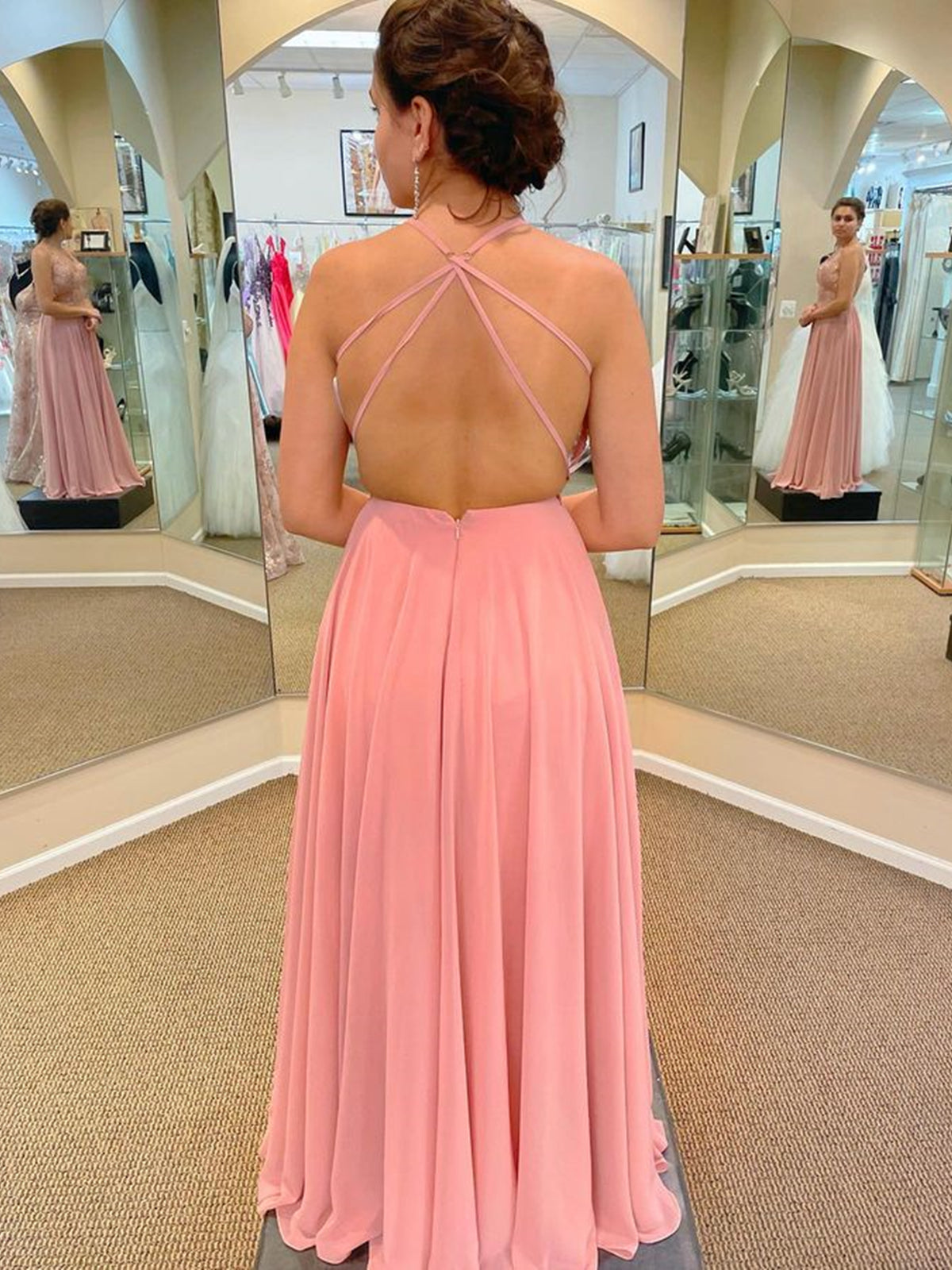 Long A-line V-neck Lace Chiffon Prom Dress with Slit Pink Formal Graduation Evening Dresses Long A-line V-neck Lace Chiffon Prom Dress with Slit Pink Formal Graduation Evening Dresses