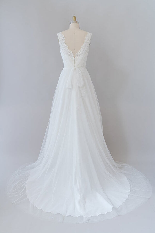 Long A-Line V-Neck Lace Tulle Backless Wedding Dress