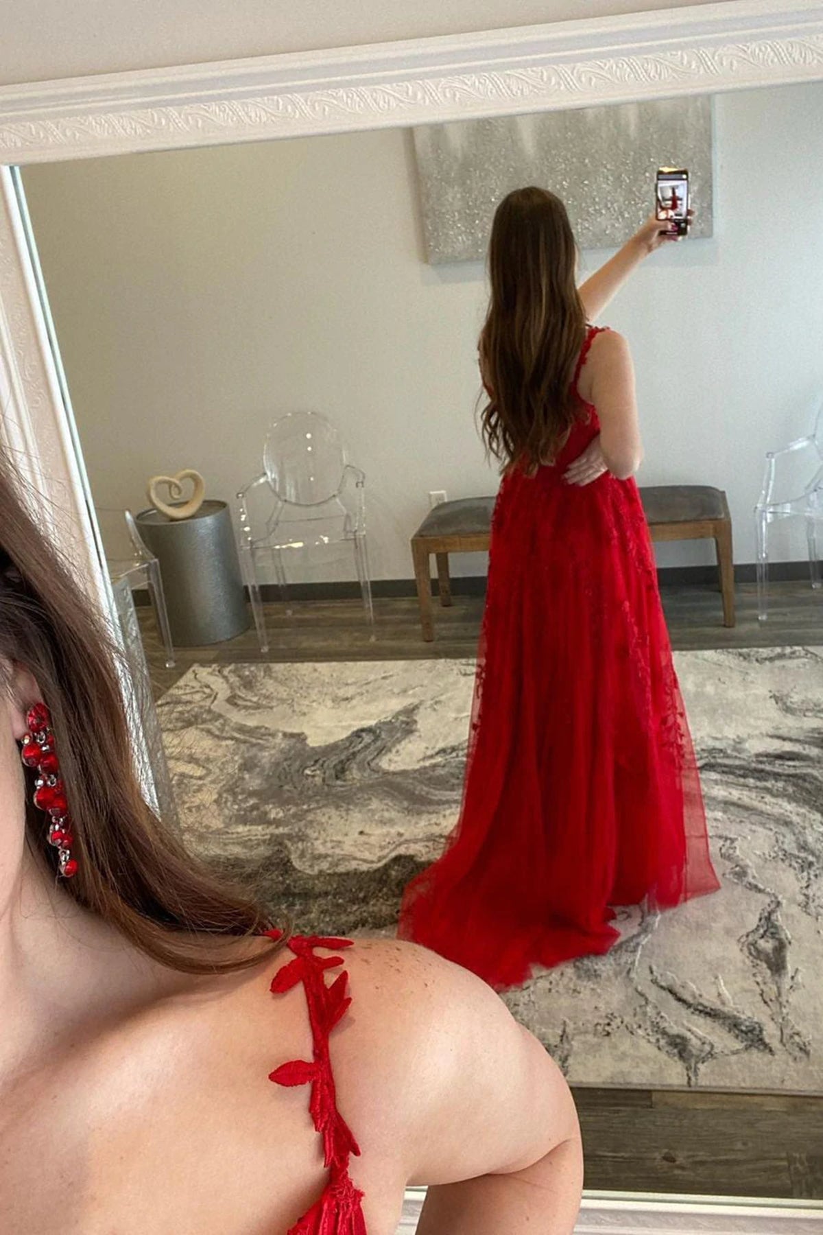 Long A Line V Neck Lace Tulle Prom Dresses with Slit Red Formal Graduation Evening Dresses Long A Line V Neck Lace Tulle Prom Dresses with Slit Red Formal Graduation Evening Dresses