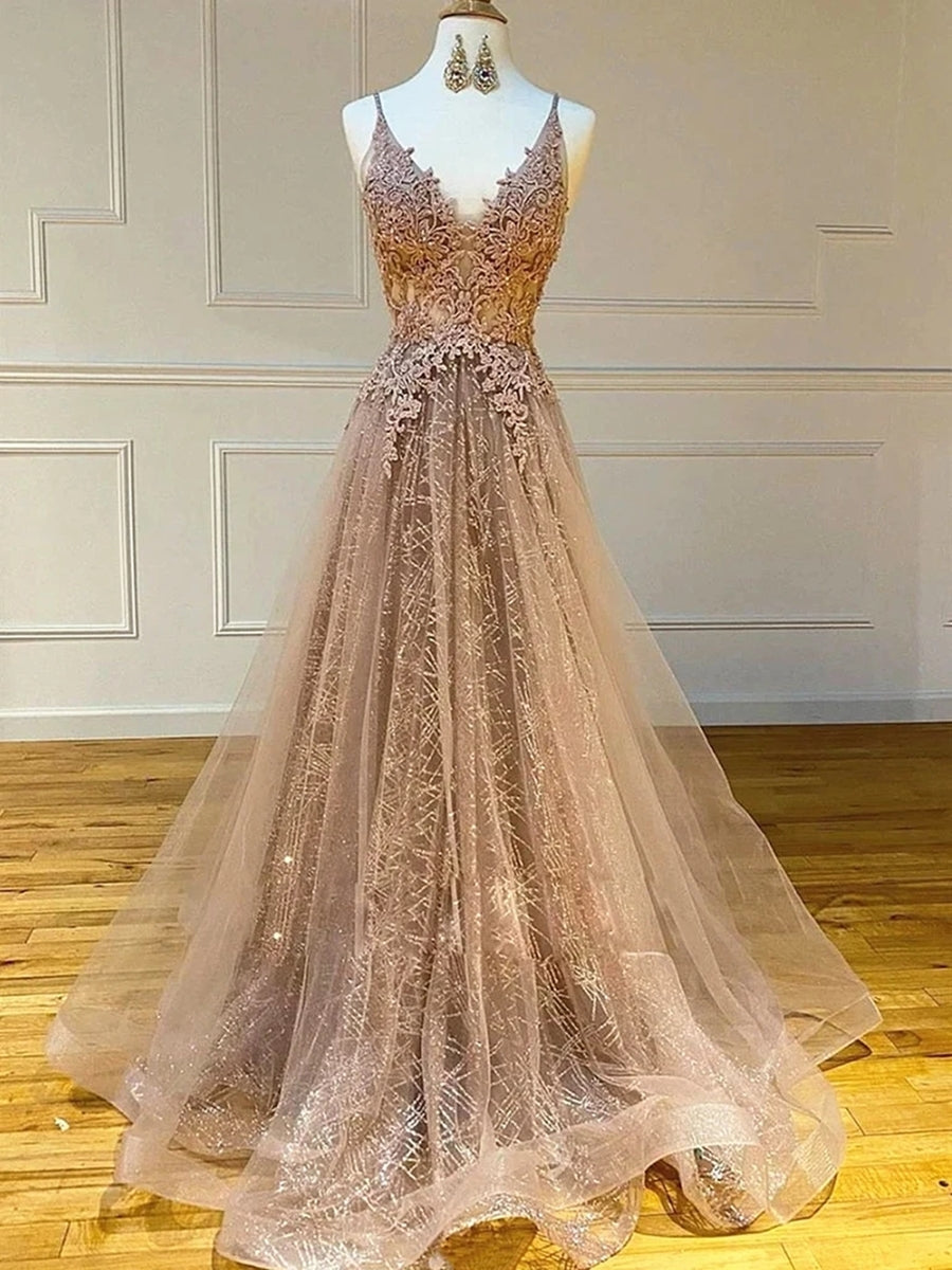 Long A-Line V-Neck Lace Tulle Prom Formal Graduation Evening Dresses