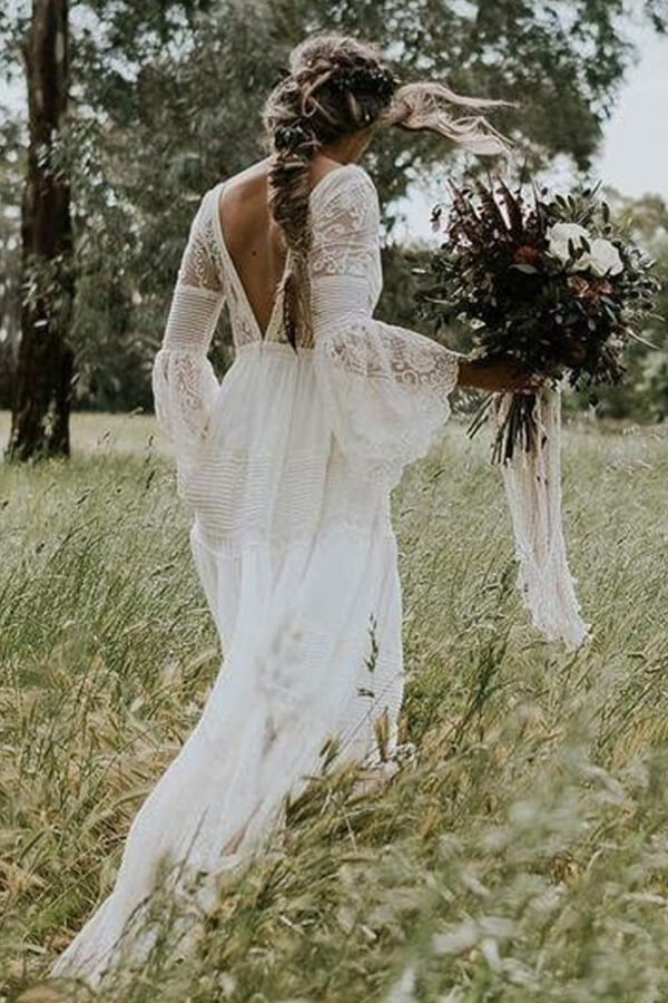 a line empire waist wedding dress Long A-line V-neck Lace Tulle Wedding Dress with Sleeves