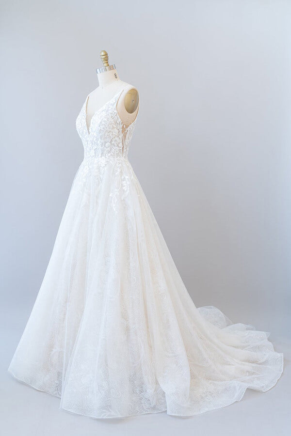 A Line V Neck Open Back Tulle Wedding Dress LBQW0166