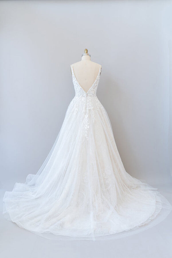 Beautiful Long A-line V-neck Tulle Open Back Prom Dress with Appliques Lace