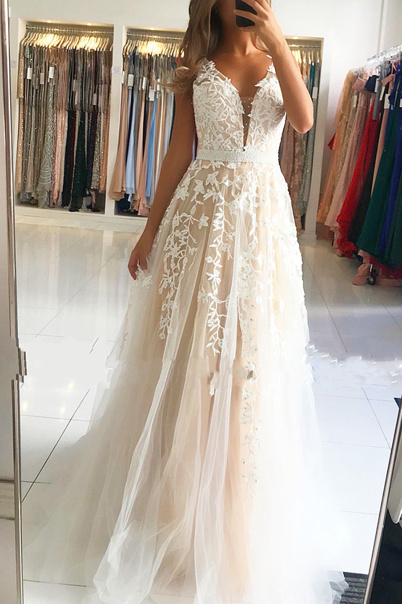 Shiny A-line V Neck Open Back Tulle Lace Long Prom Formal Evening Dresses main image 1