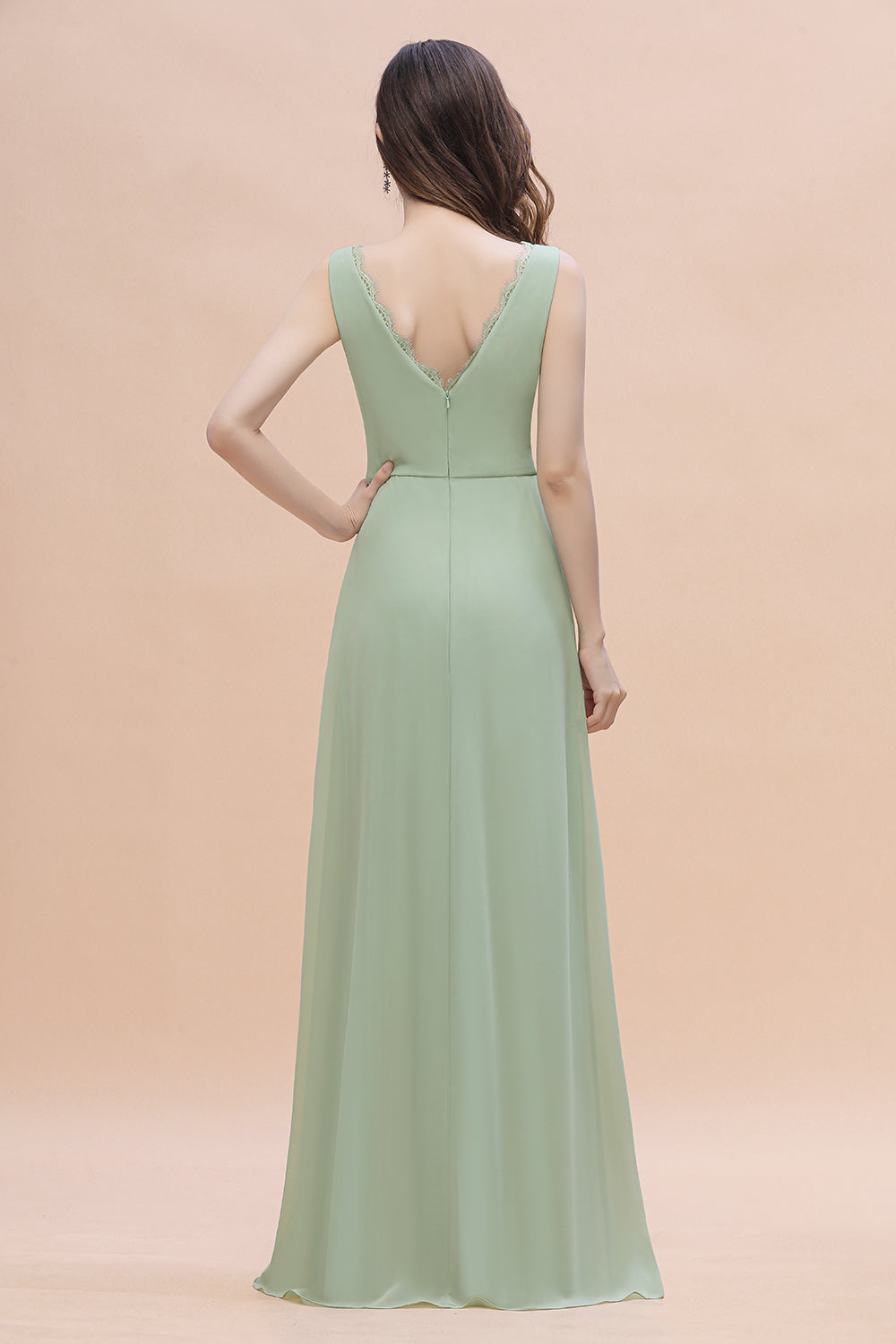 fitted lace wedding dress Long A-Line V-Neck Ruffles Chiffon Bridesmaid Dress with Slit
