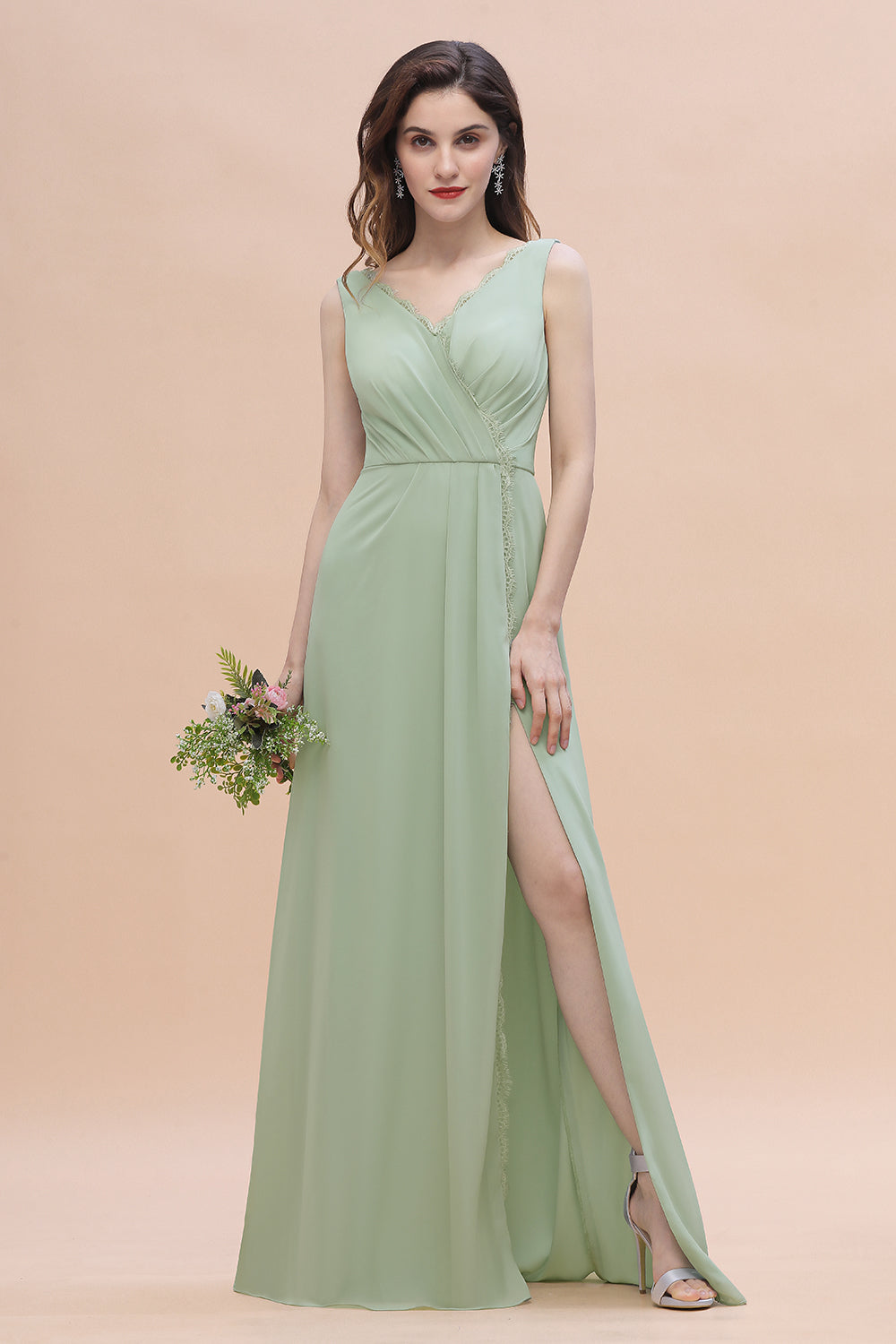 a-line v-neck floor-length chiffon bridesmaid dress with ruffle A-line V Neck Sleeveless Floor-Length Chiffon Bridesmaid Dress with Pleated Ruffles S7424B - Bridesmaid Dresses