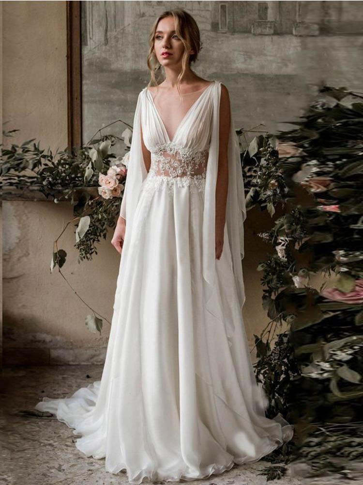 white christmas dresses Simple White Square Neck Boho Long Chiffon Wedding Dress, Diamond White / 16 main image 1