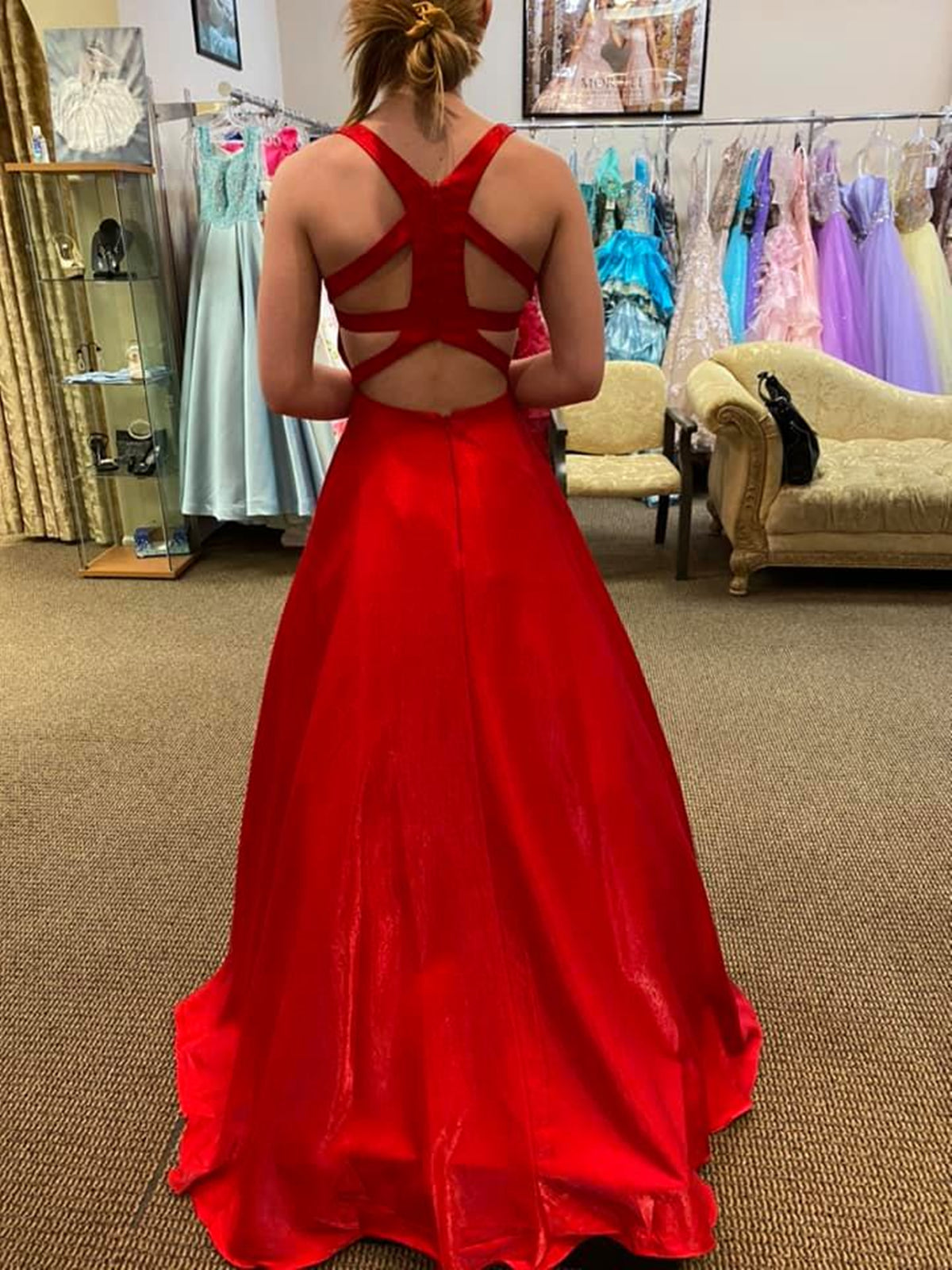Long A Line V Neck Satin Backless Prom Dresses with Pockets Red Formal BIZTUNNEL Long A Line V Neck Satin Backless Prom Dresses with Pockets Red Formal BIZTUNNEL