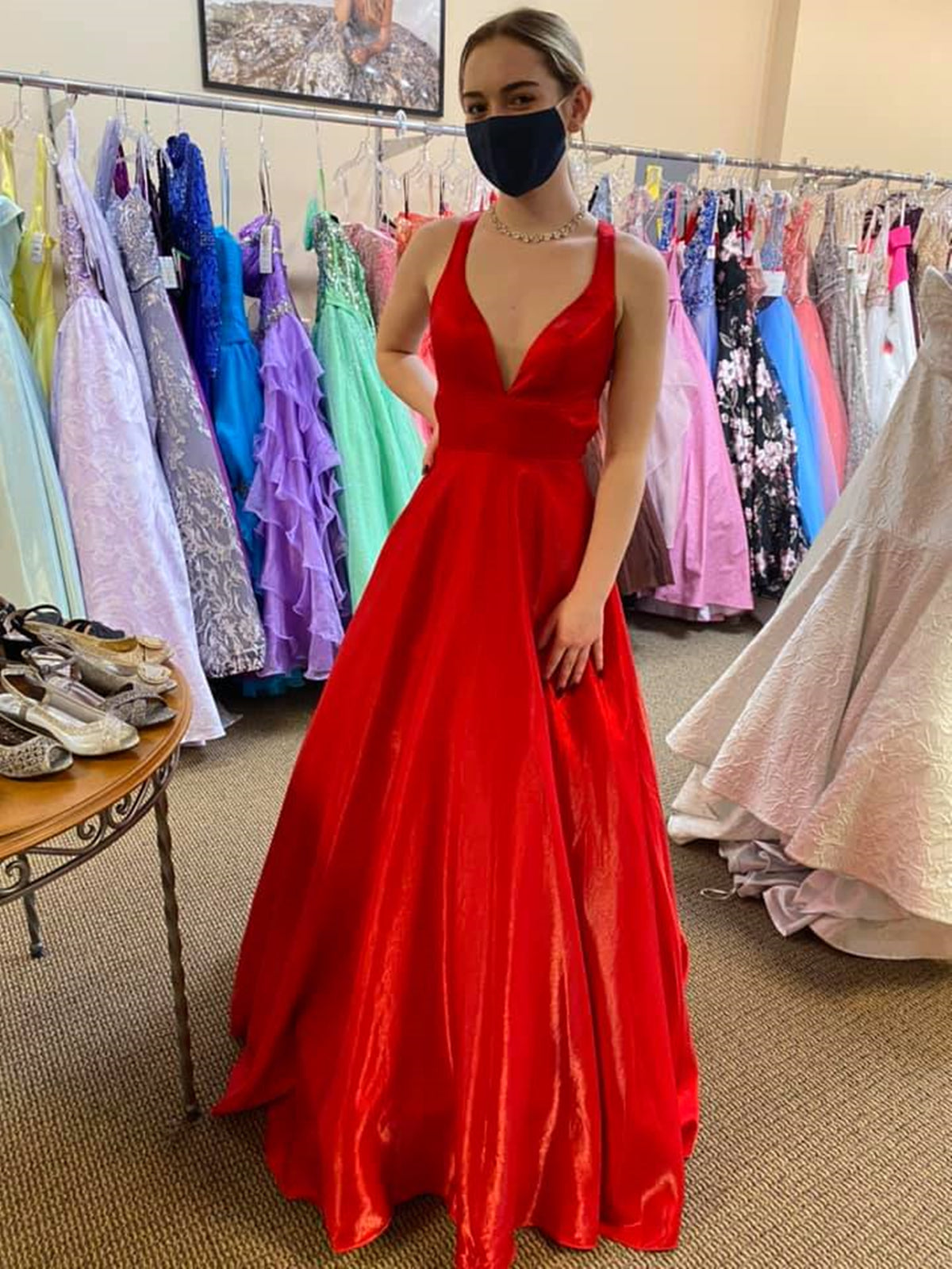 Long A Line V Neck Satin Backless Prom Dresses with Pockets Red Formal Graduation Evening Dresses Long A Line V Neck Satin Backless Prom Dresses with Pockets Red Formal Graduation Evening Dresses