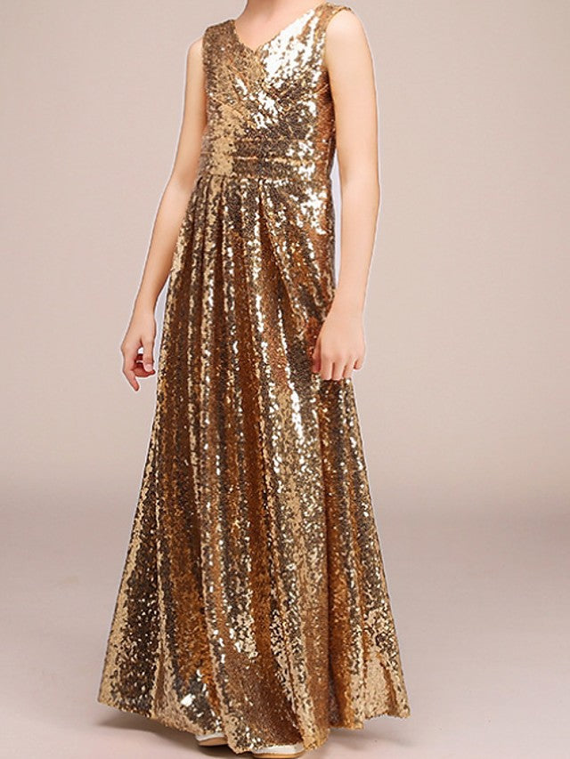 Sequines Beaded Long Sleeve A-line Long Girl Dress Flamingo