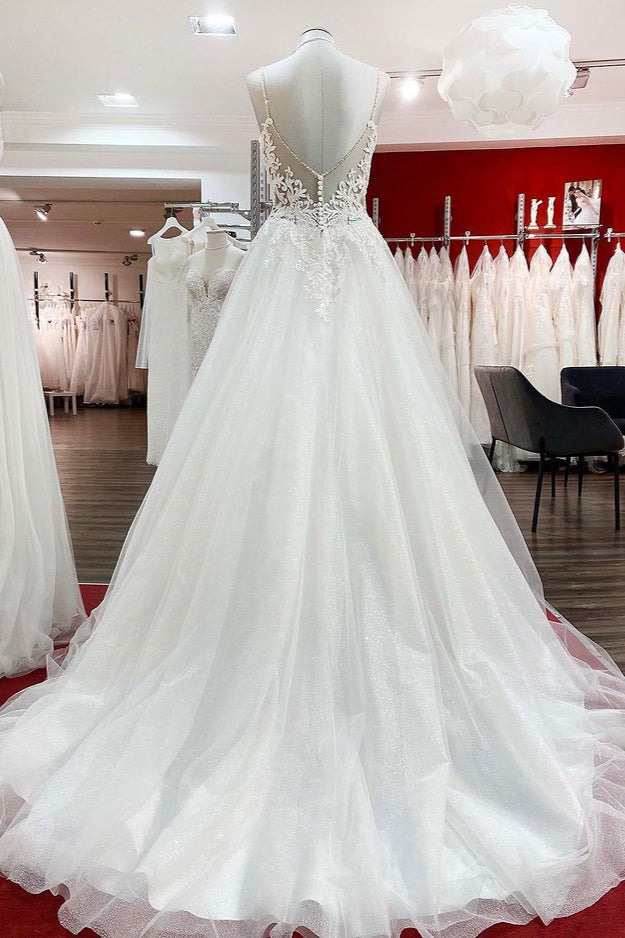 A-line V Neck Spaghetti Straps Puffy White Long Wedding Dresses main image 0