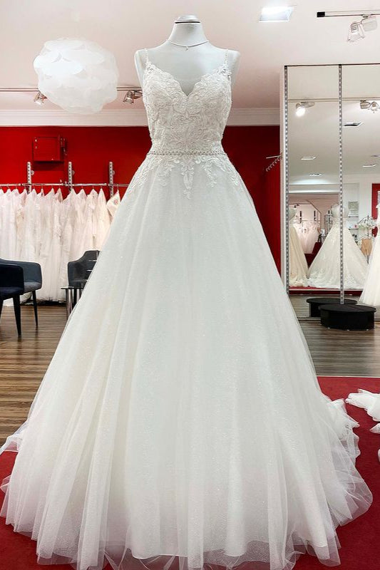 blue dress for baby girl Long A-Line V-Neck Spaghetti Straps Backless Wedding Dress with Lace