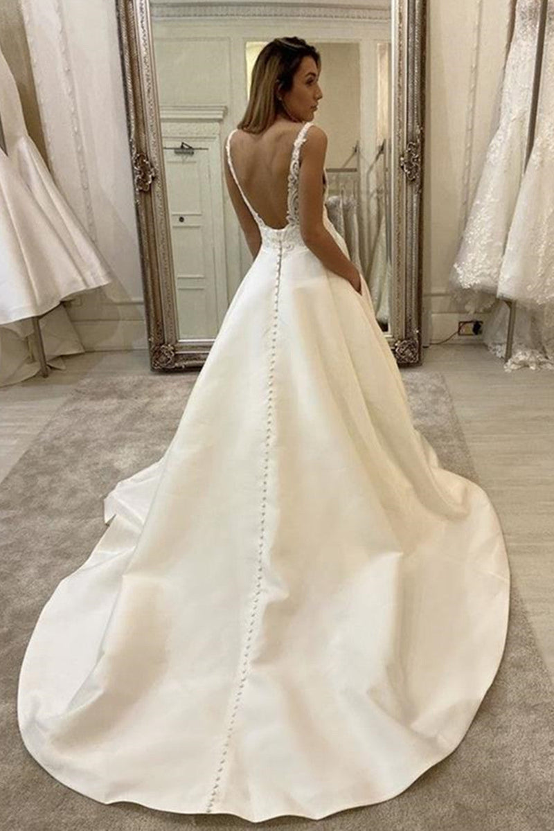 A Line Wedding Dress Ivory Blackless V Neck Spaghetti Straps Wedding Dress main image 0