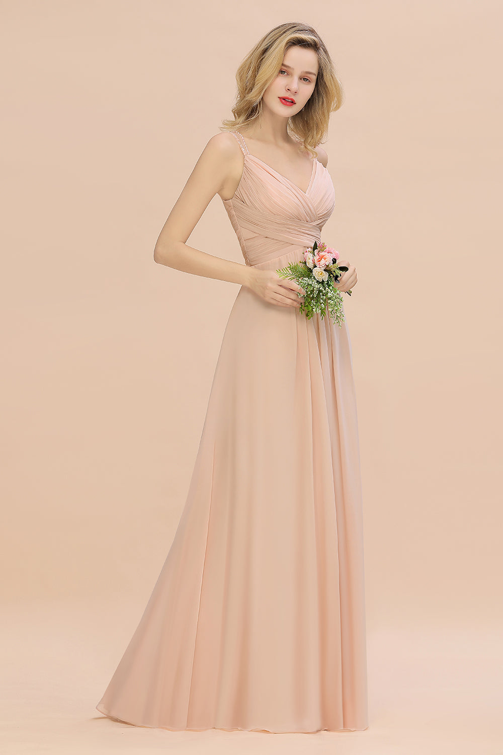 Long A-Line V-neck Spaghetti Straps Chiffon Bridesmaid Dresses – BIZTUNNEL