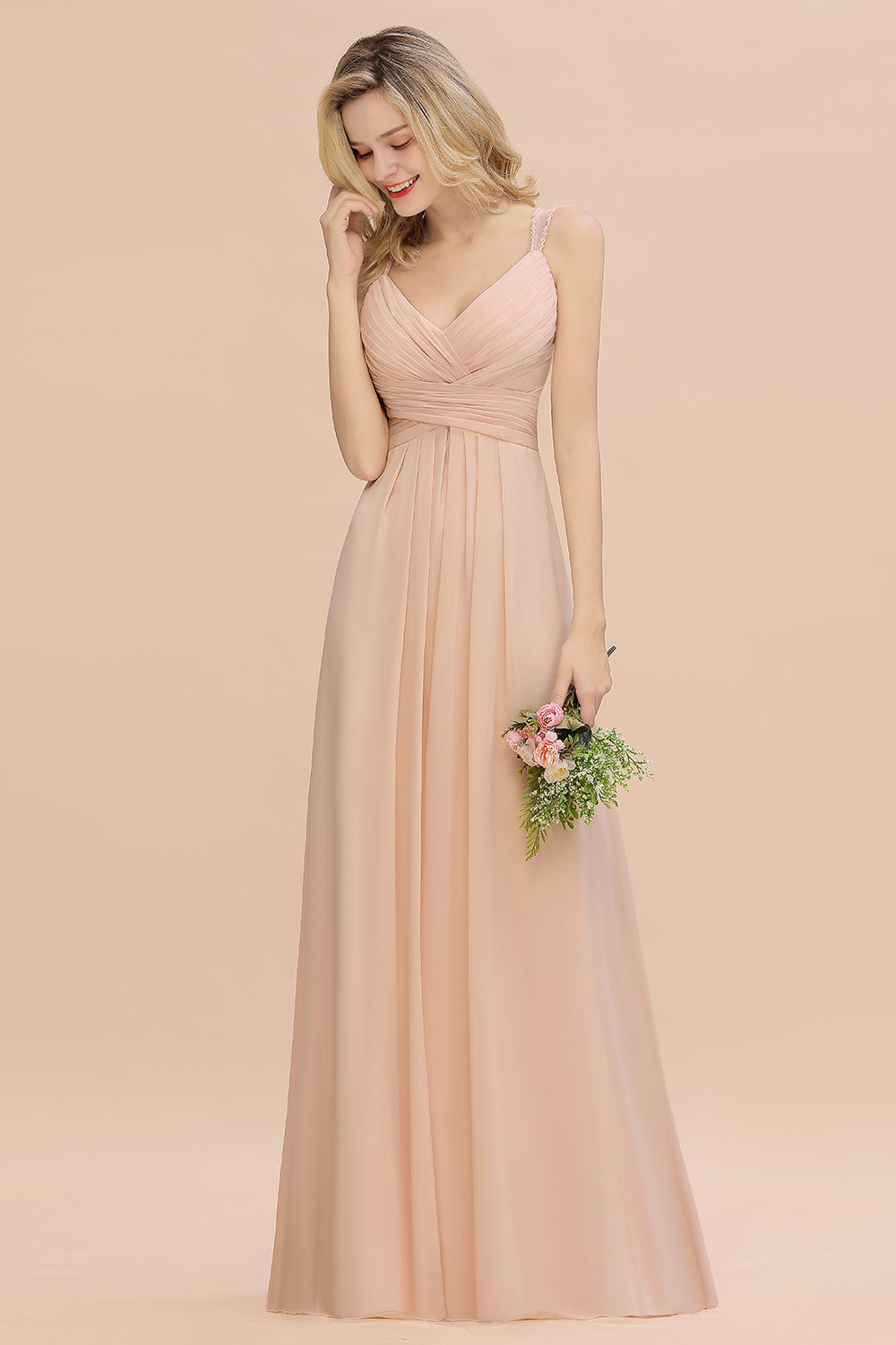Long A-Line V-neck Spaghetti Straps Chiffon Bridesmaid Dresses