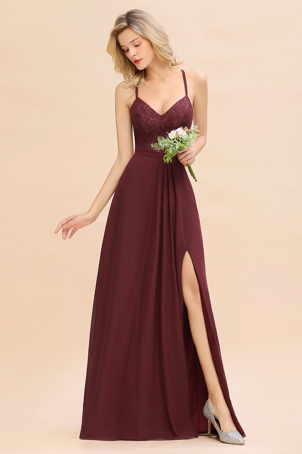 Long A-line V-neck Spaghetti Straps Open Back Bridesmaid Dress with Sl – BIZTUNNEL
