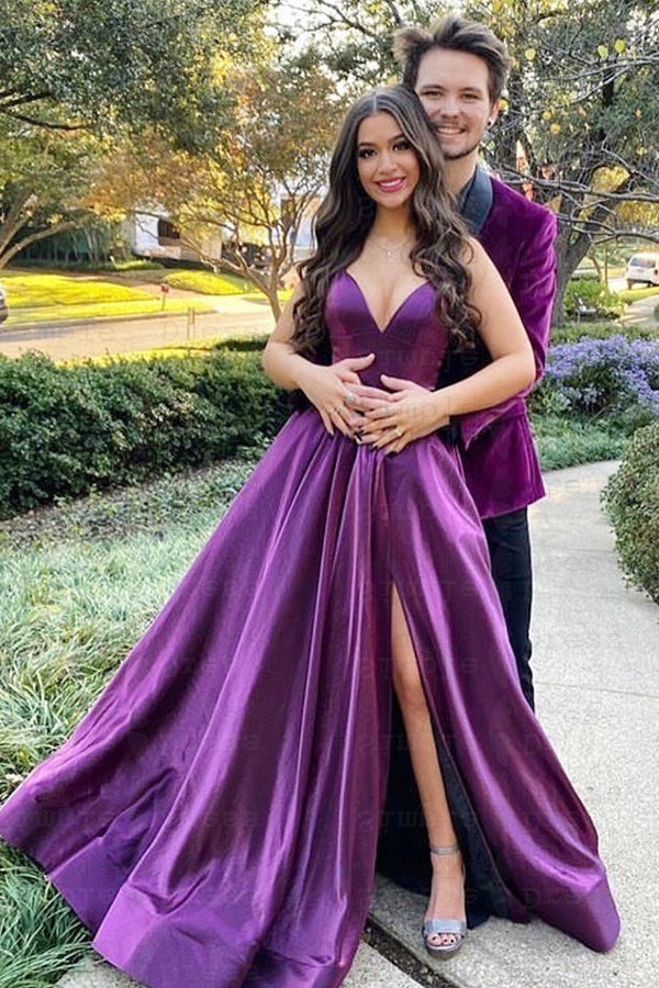 Long A-Line V-Neck Spaghetti Straps Satin Prom Dresses with Slit