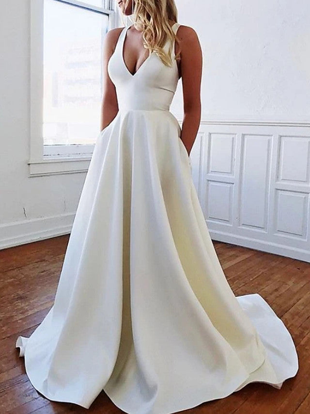 A-line V-neck Long Satin Dresses with Pockets Spa
