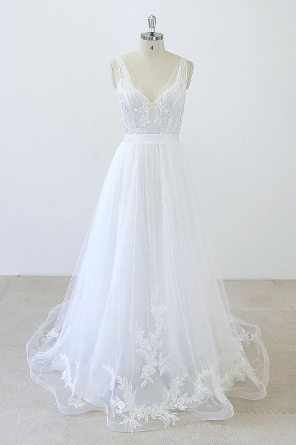 Long A-Line V-Neck Sweetheart Ruffle Applqiues Tulle Backless Wedding Dress