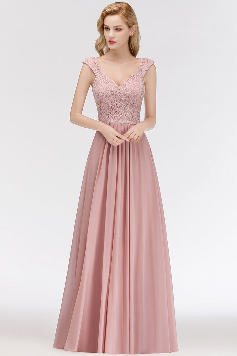 Long A-line V-neck Sweetheart Sleeveless Lace Chiffon Bridesmaid Dresses