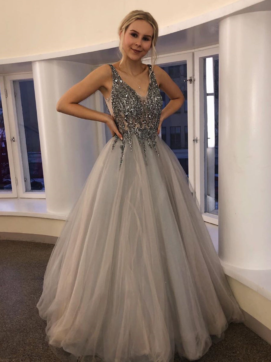 Long A-line V Neck Tulle Backless Beaded Prom Formal Graduation Evenin –  BIZTUNNEL