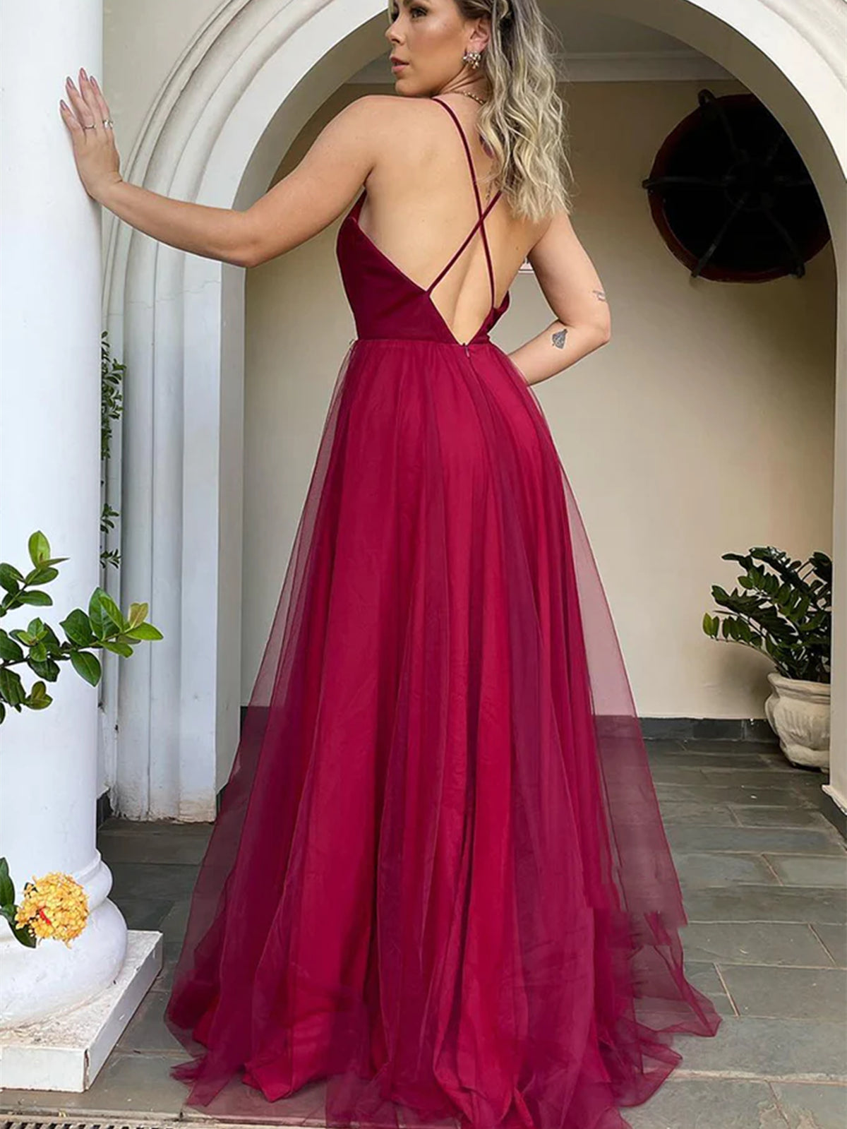Long A-Line V-Neck Tulle Backless Prom Dress Burgundy Formal Evening Dresses