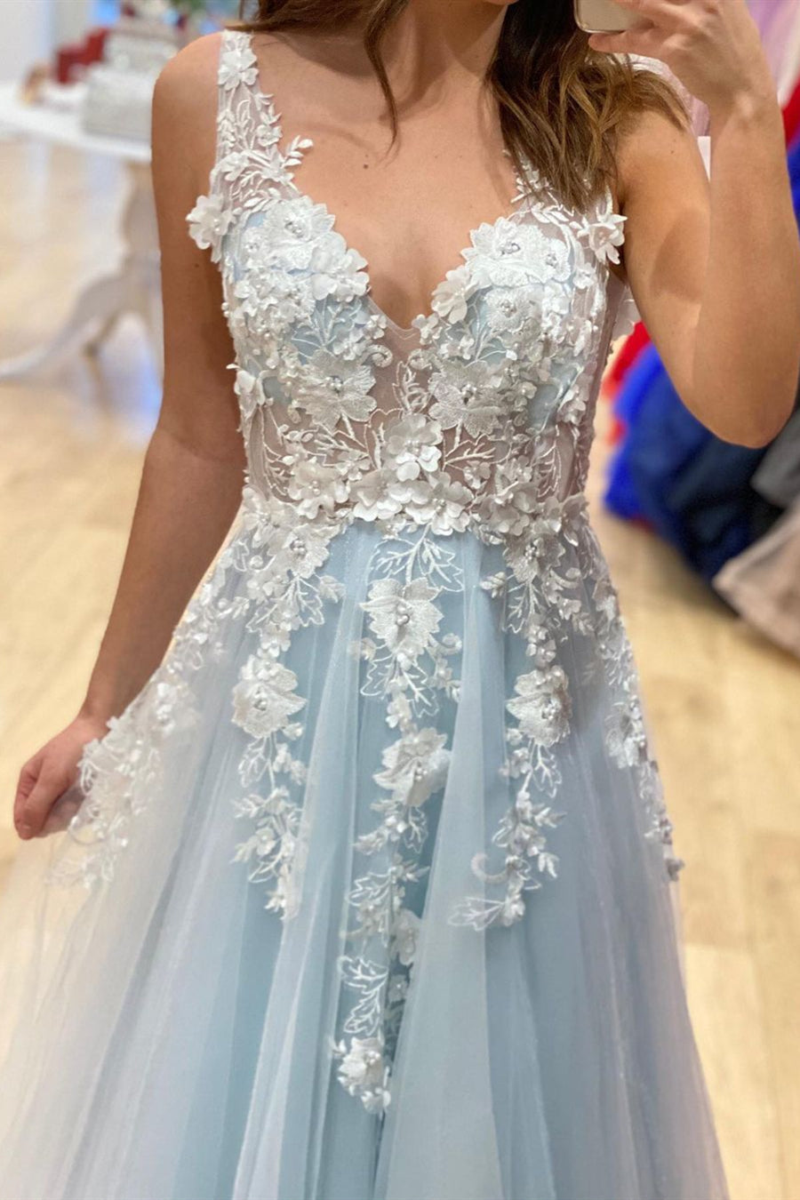 Long A Line V Neck Tulle Lace 3D Flowers Formal Graduation Prom Dresse   BIZTUNNEL