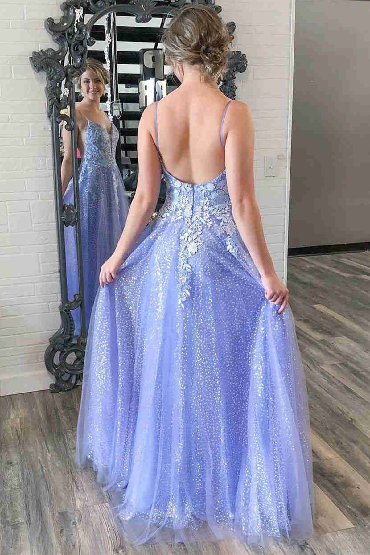 Long A-line V Neck Tulle Lace Backless Prom Dress Purple Lace Floral F BIZTUNNEL Long A-line V Neck Tulle Lace Backless Prom Dress Purple Lace Floral F BIZTUNNEL